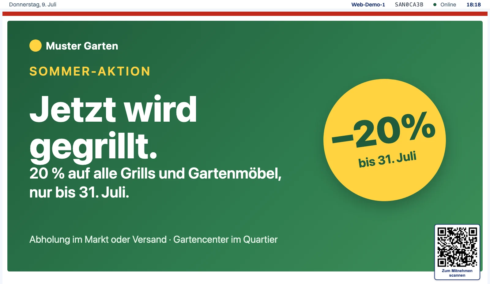 Öffentlicher Werbe-Bildschirm, auf dem die Sommer-Aktion eines Gartencenters die ganze Fläche füllt, unten rechts der QR-Code zum Mitnehmen.